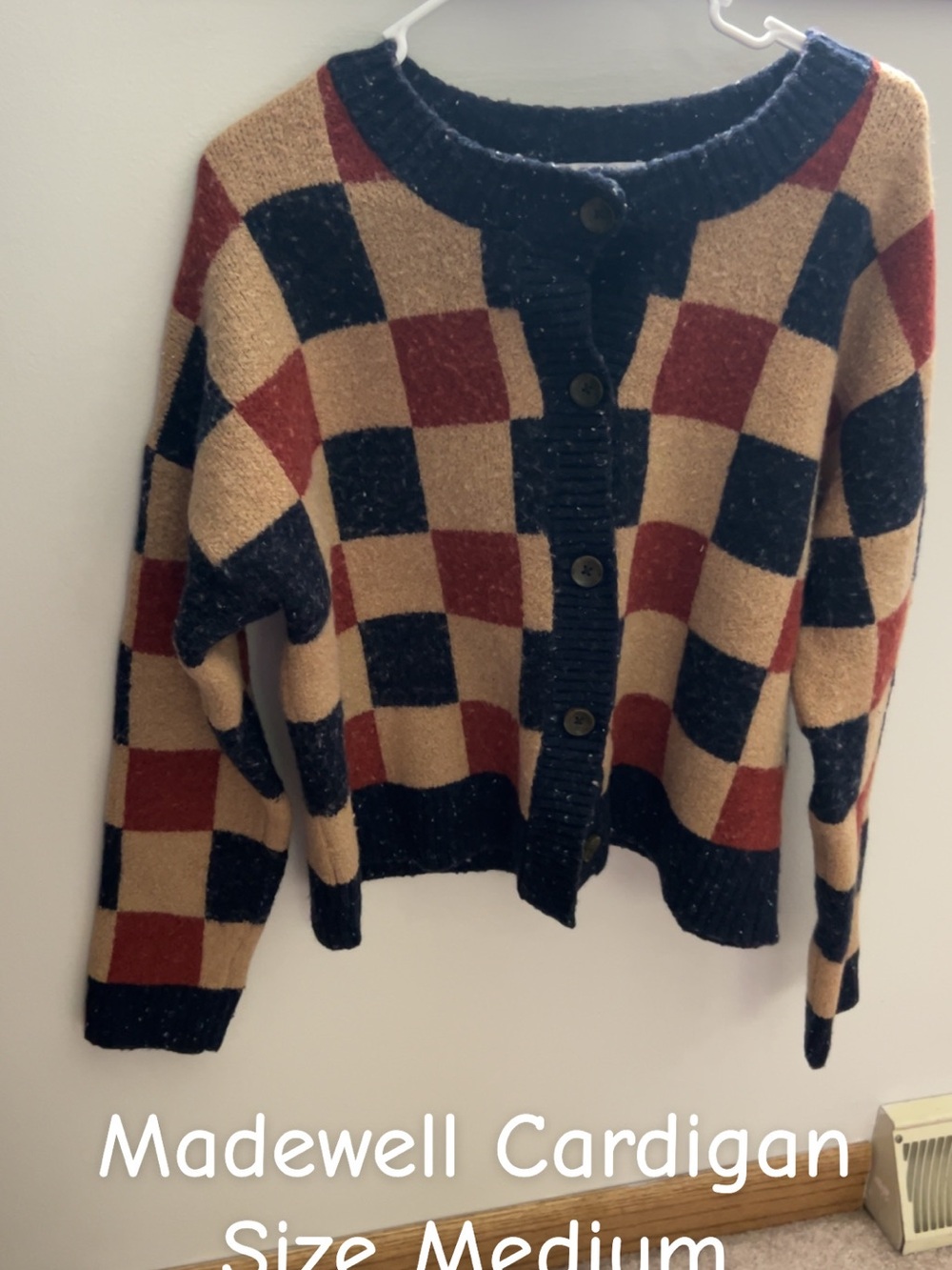 Madewell Checkered Button-Up Cardigan in Navy, Rust & Beige